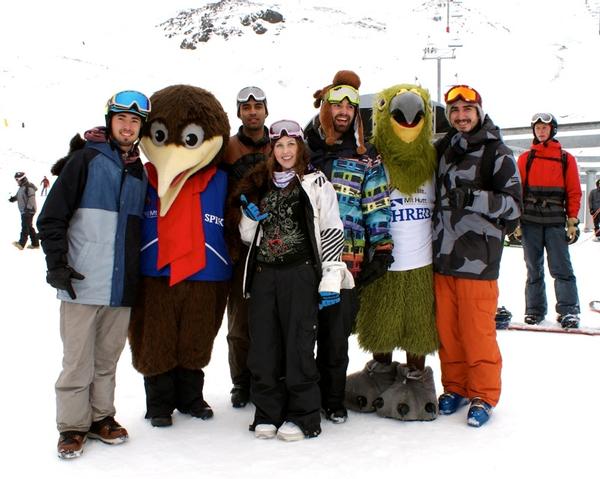 Celebrating Mt Hutt's opening were (L to R) Mathieu Renisio (France), Spike, Nicolas Tresfield (France), Jasmine Maxwell (Christchurch), Enzo Fitzgerald (NZ/France), Shred, Antoine  Fitzgerald (NZ/France).